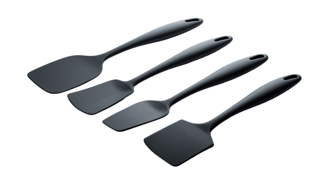Four dark gray silicone spatulas, various sizes, arranged in a staggered row, angled slightly, against a black background