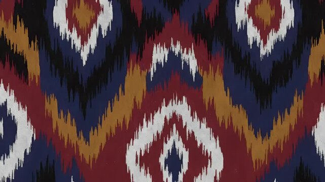 Abstract ikat textile design featuring vibrant color palettes and intricate patterns.