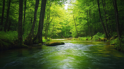 Fototapeta premium Serene river flows through lush green forest, surrounded by tall trees and vibrant foliage. sunlight filters through leaves, creating peaceful atmosphere