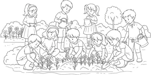 Vector art of a line drawing of children planting in a garden, illustrating a group activity and connection with nature, isolated on white background