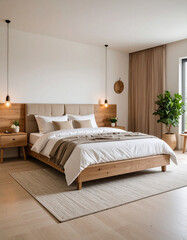 Obraz premium Cosy minimalist bedroom decoration in a scandinavian home comfortable bedchamber with pillows and plants warm natural environment