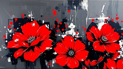 Bold artistic composition of red poppies with abstract splatter in modern style