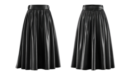 Front and back view of a black pleated midi skirt with a belt.  The skirt features a high waist and full, gathered pleats.  The fabric appears leather-like