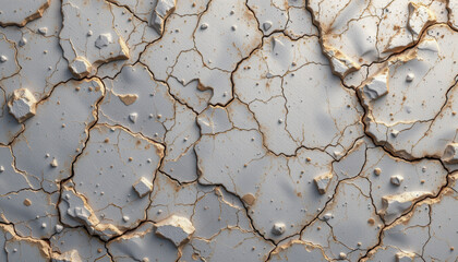 Cracked surface with textured appearance, featuring irregular patterns and small fragments. color palette includes shades of gray and beige, evoking sense of dryness and age