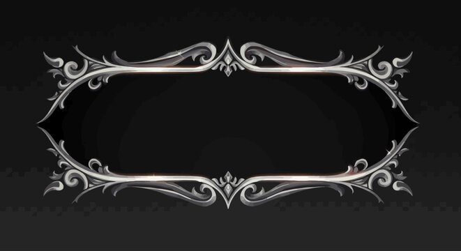 Elegant silver vintage frame with ornate baroque swirls on a dark background. Classic decorative border for invitations or titles.