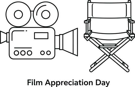 Vector art of a classic film camera and directors chair are depicted in a simple line drawing for film appreciation day isolated on white background