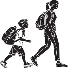 Silhouette of Family Walking to School with Backpacks – Children and Parents Educational Concept Vector

