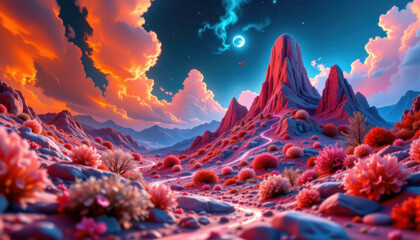 Vibrant landscape featuring surreal mountains and colorful flora under starry sky. scene evokes sense of wonder and tranquility, with vivid colors and imaginative elements