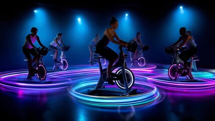 Energetic group spinning class with vibrant LED lights in a dark studio. High-intensity and motivating scene ideal for fitness, cycling, workout, and lifestyle content
