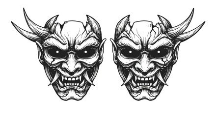 Obraz premium Intricate monochrome illustration of a fierce Japanese demon mask, a powerful mythological Oni spirit from folklore