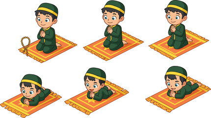 Islamic Cartoon Boy Performing Prayer and Dhikr on Mat – Cute Character in Salah and Worship Poses for Cultural Projects