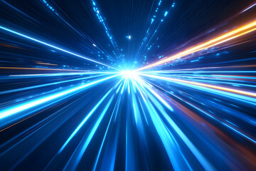 Obraz premium High-tech digital illustration with radiant blue luminescent stripes and smooth blur, depicting fast-moving futuristic technology in a sleek modern scientific backdrop