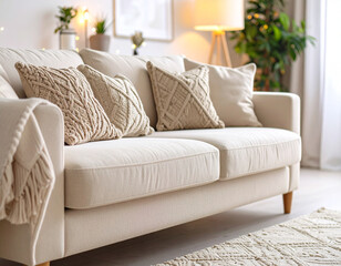 Cozy living room sofa - modern interior furniture in a comfortable home environment with closeup view of textiles and decor