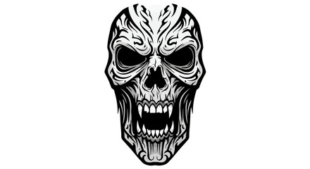 Fototapeta premium Menacing demon skull illustration with sharp fangs and intricate tribal patterns on a white background.