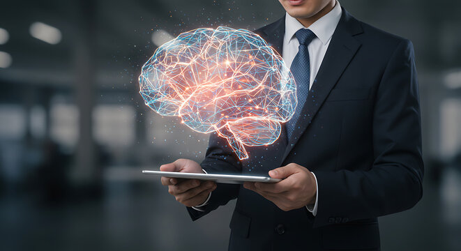 Businessman in a suit holds a tablet displaying a glowing, interconnected brain hologram, symbolizing artificial intelligence and innovation.