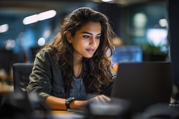Young professional it specialist latin hispanic business lady working on laptop pc sitting at desk in modern office space. 30s middle eastern indian woman using computer technology app for work online