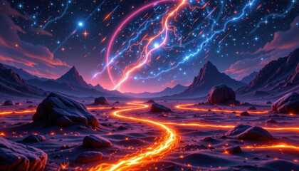 Vibrant starlit field showcases surreal landscape with flowing lava, majestic mountains, and cosmic sky filled with stars and celestial phenomena. scene evokes sense of wonder and adventure