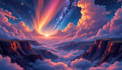 Breathtaking landscape featuring vibrant, multi colored clouds illuminated by stunning sunset. scene captures cosmic atmosphere with stars twinkling sky, creating sense of wonder and tranquility