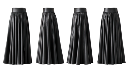 Four black skirts, midi length, pleated, with a wide waistband