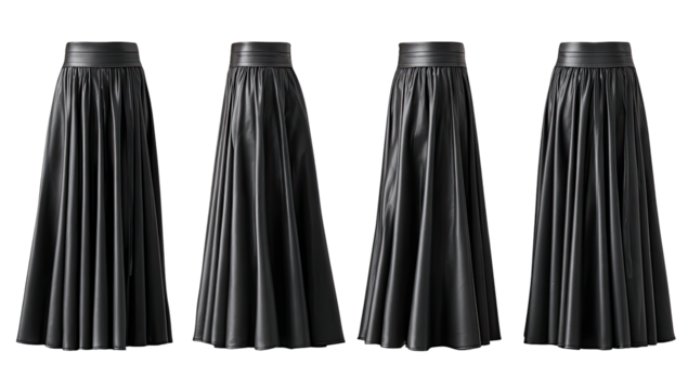 Four black skirts, midi length, pleated, with a wide waistband
