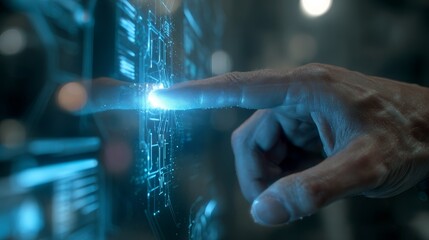 Navigating a complex digital network. A person's finger touches a futuristic, glowing blue user interface screen.