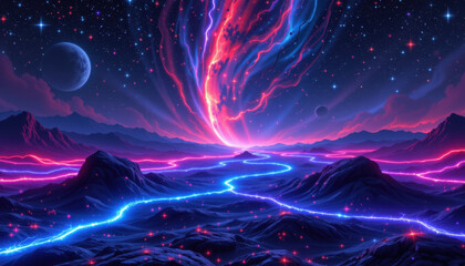 Vibrant starlit field showcases cosmic landscape with swirling colors and glowing rivers of light. scene evokes sense of wonder and tranquility, inviting viewers to explore beauty of universe