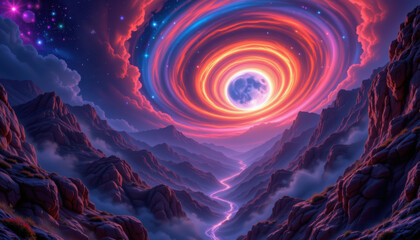 Vibrant nebula swirls in night sky above majestic mountains, illuminated by glowing moon. scene evokes sense of wonder and cosmic beauty, with swirling colors and ethereal light