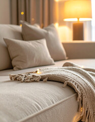 Closeup of a cosy living room sofa with modern furniture and textiles home interior decor featuring a soft couch and warm lighting