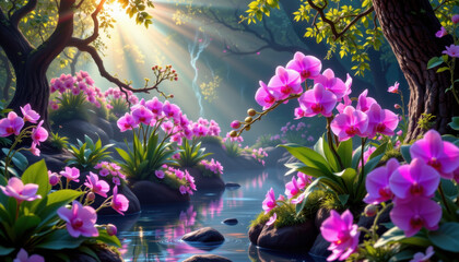 Serene forest scene featuring vibrant pink orchids blooming along tranquil stream. Sunlight filters through trees, creating magical atmosphere filled with lush greenery and colorful flowers