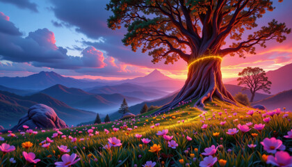 Majestic tree stands in vibrant landscape, surrounded by colorful flowers and rolling hills. sunset casts warm glow, creating magical atmosphere filled with tranquility and beauty
