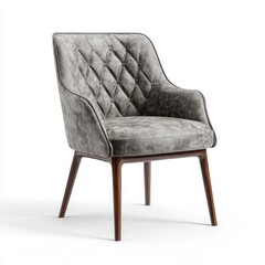 Elegant grey armchair with quilted design and wooden legs, perfectly merging comfort and style. This chair has armrests and a high back.