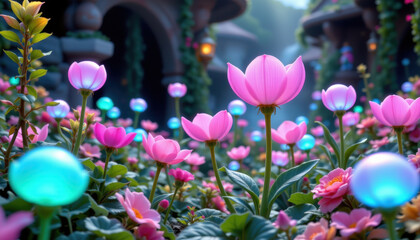 Vibrant pink flowers bloom in magical garden, surrounded by glowing orbs, creating enchanting atmosphere filled with beauty and wonder. scene is serene and captivating