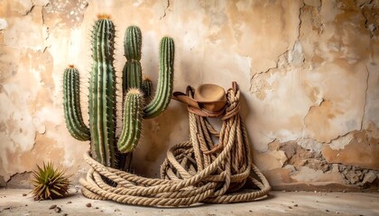 A tall cactus and coiled rope rest against a weathered wall, a hat sits atop the rope