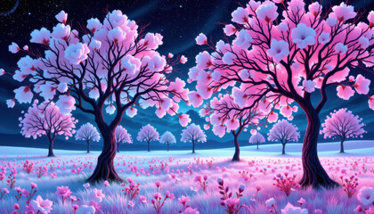 Surreal trees with vibrant pink blossoms create dreamlike landscape under starry night sky. enchanting scene evokes sense of wonder and tranquility, inviting viewers to explore its beauty