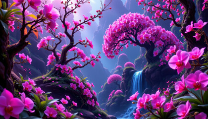 Vibrant and enchanting scene featuring lush forest filled with blooming pink orchids, majestic trees, and serene waterfall cascading through landscape, evoking sense of tranquility and beauty