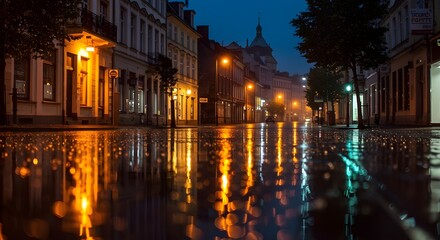 Fototapeta premium City street at night on a rainy day, with colorful urban lights reflecting on the wet asphalt, creating a vibrant and cinematic atmosphere of a modern cityscape.