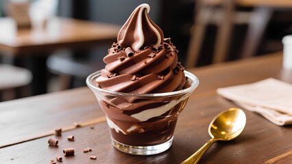 Decadent chocolate and vanilla soft serve ice cream sundae in a glass cup with chocolate shavings