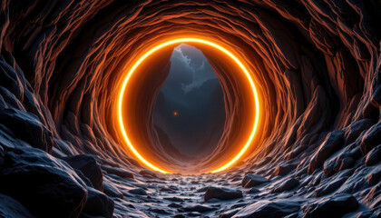 Mesmerizing alien cave features glowing circular portal at end, surrounded by textured rocky walls. atmosphere evokes mystery and wonder, inviting exploration and adventure