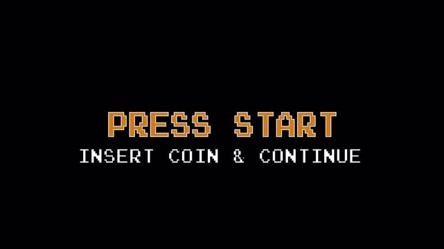 Pixel Press Start animation, black retro game screen, 8-bit start prompt, Classic video game intro, Vintage game UI, Animated start message, Pixelated Press Start text, video, pixel art, retro, 8-bit