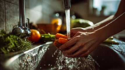 Woman rinsing colorful vegetables under tap water in sunny kitchen, healthy living concept.