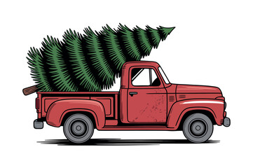 Vintage Red Truck Carrying a Christmas Tree