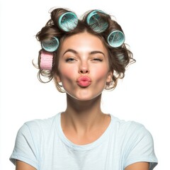 Naklejka premium A young woman with curlers in her hair giving a kiss gesture. Her playful expression conveys a sense of charm and beauty