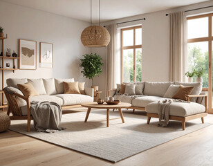 Cozy minimalist scandinavian living room with comfortable sofa home environment and bright natural light