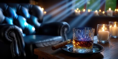 Cozy evening with whiskey glass and cigar near glowing candles in a relaxed setting