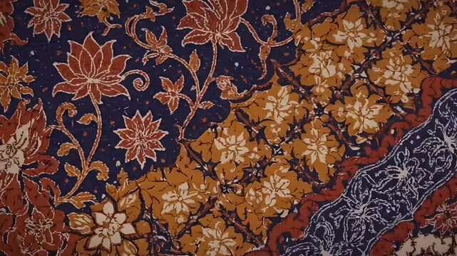 Detailed close-up shot reveals intricate floral batik textile design.