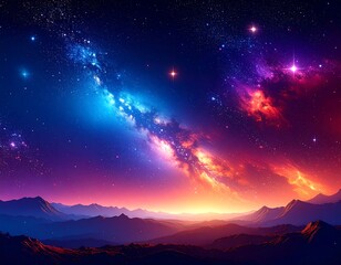 Naklejka premium Colorful galaxy panorama over mountains