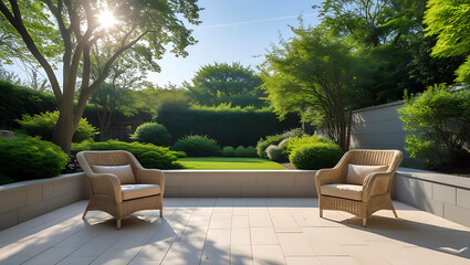 Tranquil Sunny Garden Patio with Wicker Chairs for Relaxation
