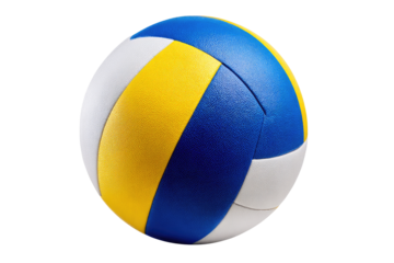 Close-up of a vibrant volleyball.  Bright yellow, blue, and white panels create a dynamic design on a spherical ball.  Sharp focus highlights the texture