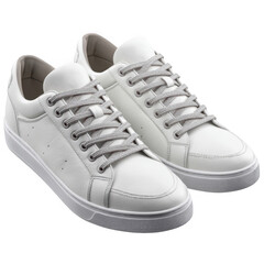 Pair of white leather sneakers isolated on transparent background