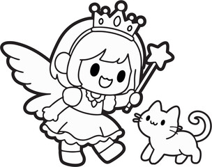 Magical Fairy Girl and Her Pet Cat – Printable Coloring Page